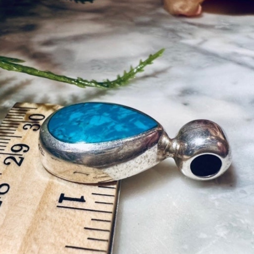 Vintage Handmade Turquoise Pendant Solid Heavy 925 Sterling Silver Mexico .925 - Picture 4 of 15